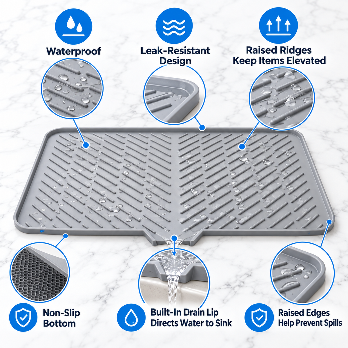 Silicone Large Size Dish Drying Mat with Built-in Drain Lip Dish Drainer Mats for Kitchen Counter Easy-Clean High Temperature Resistance