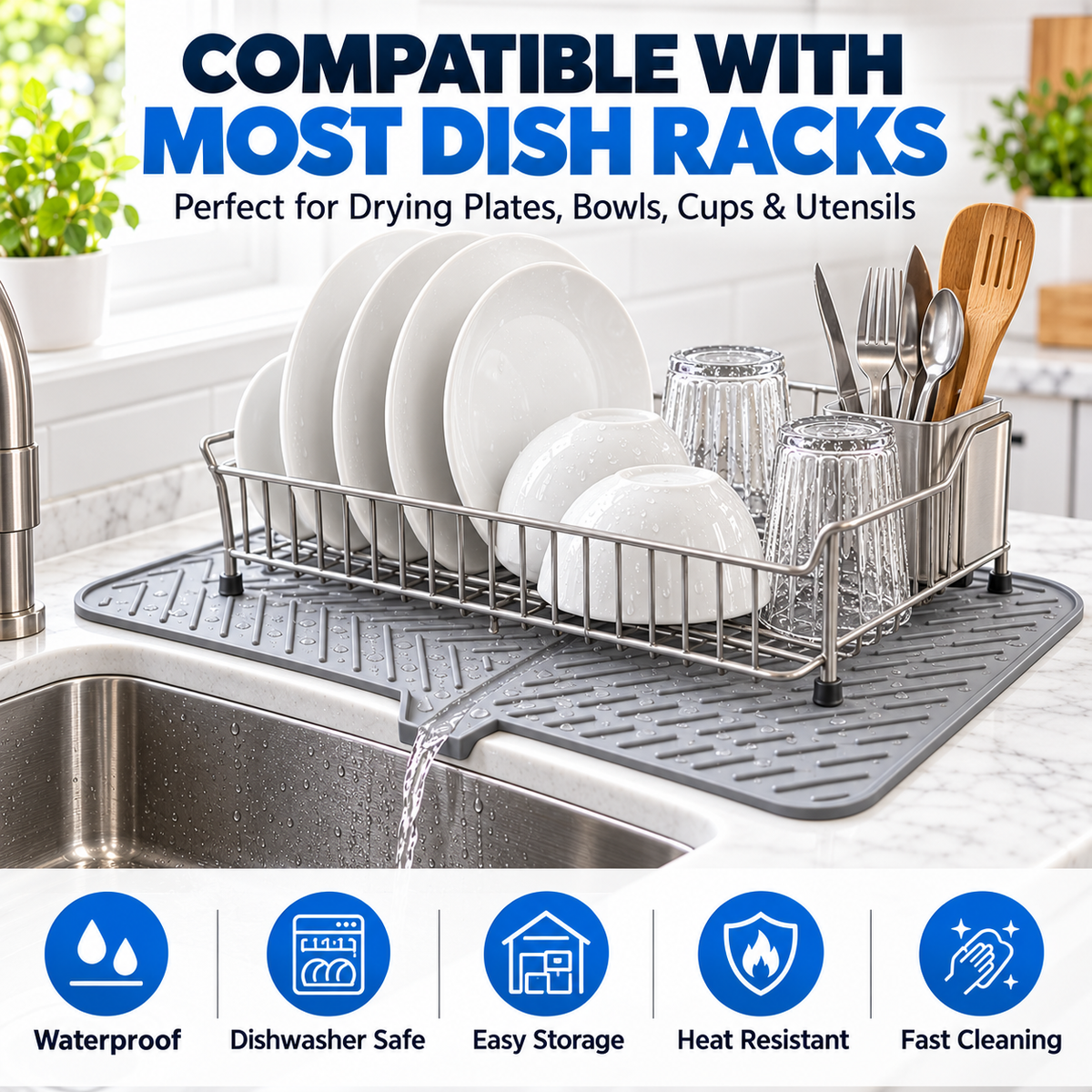Silicone Large Size Dish Drying Mat with Built-in Drain Lip Dish Drainer Mats for Kitchen Counter Easy-Clean High Temperature Resistance