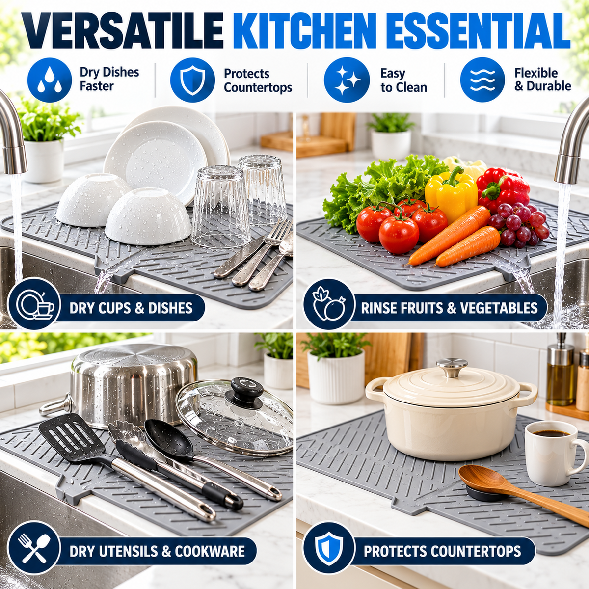 Silicone Large Size Dish Drying Mat with Built-in Drain Lip Dish Drainer Mats for Kitchen Counter Easy-Clean High Temperature Resistance