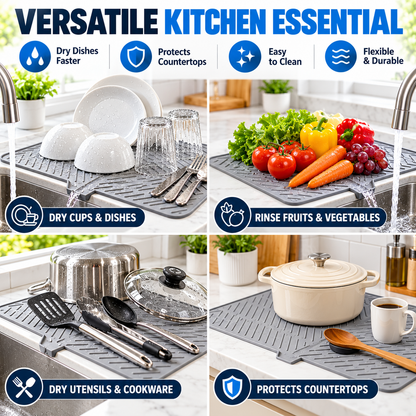 Silicone Large Size Dish Drying Mat with Built-in Drain Lip Dish Drainer Mats for Kitchen Counter Easy-Clean High Temperature Resistance